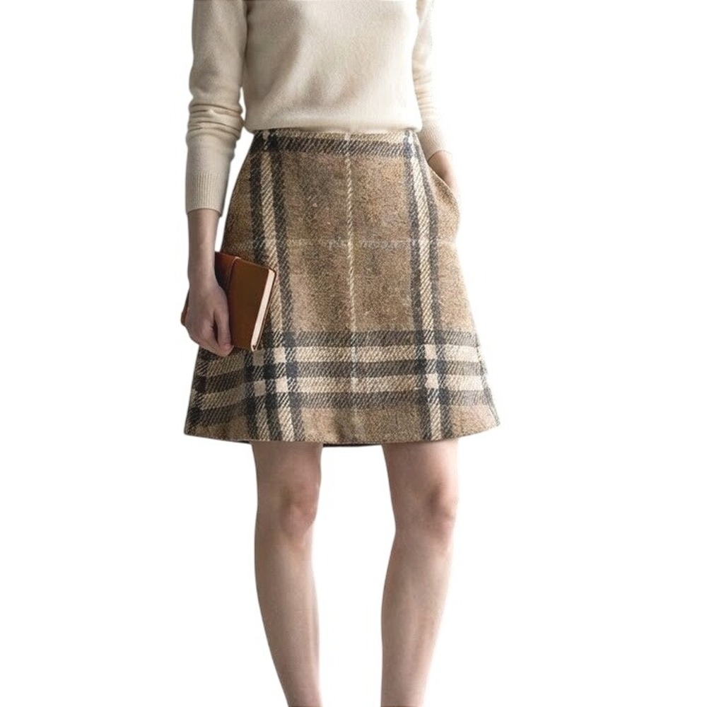 Burberry London Nova Check Brown Tan Wool Plaid Vintage Skirt 8